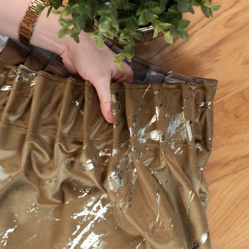 MARMA Zasłona gotowa na taśmie, szerokość 140cm x wysokość 250cm, kolor 002 brązowy ze srebrnym nadrukiem na VELVI TD0037/ZGT/002/140250/1