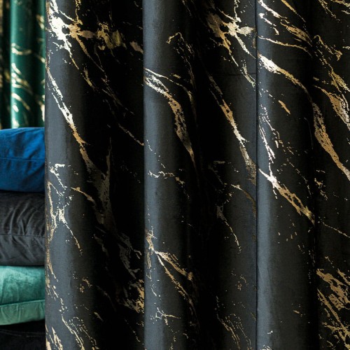 MARMA Zasłona gotowa na taśmie, szerokość 140cm x wysokość 250cm, kolor 111 czarny ze złotym nadrukiem na VELVI TD0033/ZGT/111/140250/1