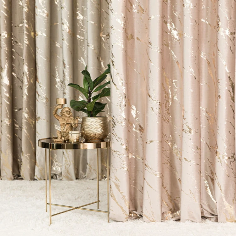 MARMA Zasłona gotowa na przelotkach, szerokość 140cm x wysokość 250cm, kolor 003 jasny beżowy ze złotym nadrukiem na VELVI TD0033/ZGP/003/140250/1