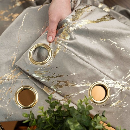 MARMA Zasłona gotowa na przelotkach, szerokość 140cm x wysokość 250cm, kolor 017 szarobeżowy ze złotym nadrukiem na VELVI TD0033/ZGP/017/140250/1