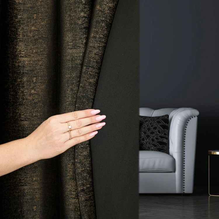 ELEONORA Zasłona gotowa na przelotkach, szerokość 140cm x wysokość 250cm, kolor 111 czarny ze złotym nadrukiem na VELVI TD0032/ZGP/111/140250/1