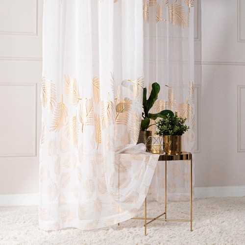MARIETTA Firana gotowa na taśmie, szerokość 140cm x wysokość 250cm, kolor 004 biały ze złotym zdobieniem 000261/FGT/004/140250/1