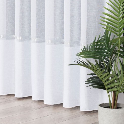 Firanka fantazyjna ze wzorem na samym dole z ołowianką, wysokość 330cm, kolor  biały ze srebrnym pasem