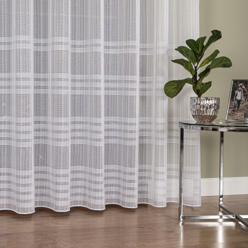 Firanka fantazyja z pasami i błyszczącą nitką, wysokość 300cm, kolor biały