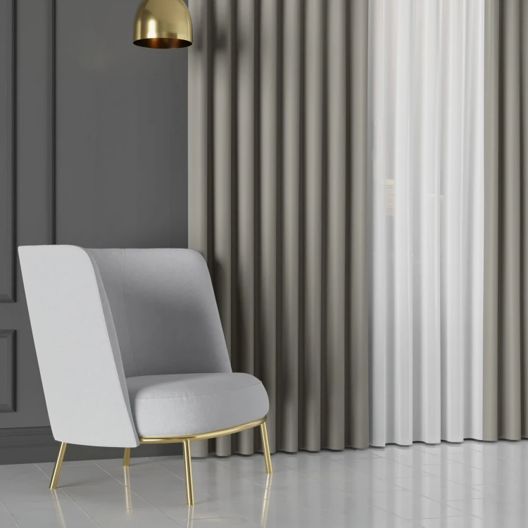 GRETA Tkanina dekoracyjna typu blackout, wysokość 320cm, kolor ciemny beżowo szary