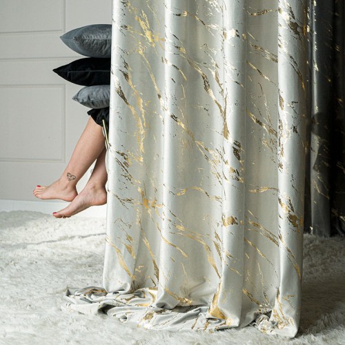 MARMA Tkanina dekoracyjna, wysokość 300cm, kolor pastelowy szary ze złotym nadrukiem