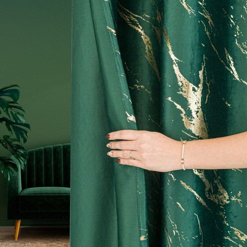 MARMA Tkanina dekoracyjna, wysokość 300cm, kolor ciemny zielony; butelkowy ze złotym nadrukiem
