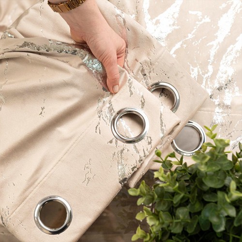 MARMA Zasłona gotowa na przelotkach, szerokość 140cm x wysokość 250cm, kolor jasny beżowy ze srebrnym nadrukiem