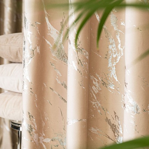 MARMA Zasłona gotowa na przelotkach, szerokość 140cm x wysokość 250cm, kolor jasny beżowy ze srebrnym nadrukiem