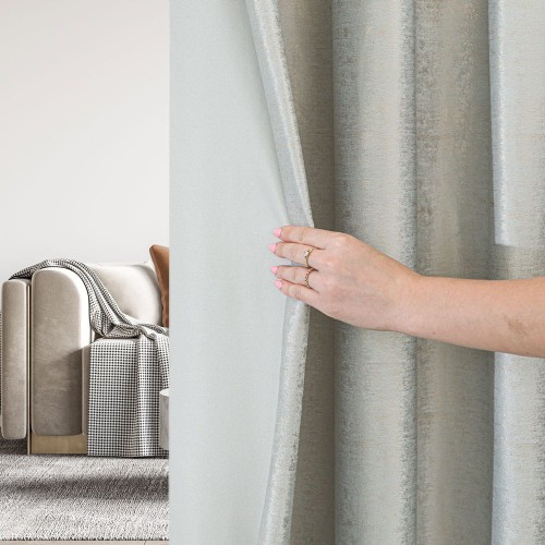 ELEONORA Zasłona gotowa na przelotkach, szerokość 140cm x wysokość 250cm, kolor pastelowy szary ze złotym nadrukiem