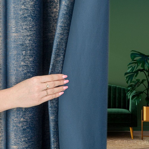 ELEONORA Zasłona gotowa na przelotkach, szerokość 140cm x wysokość 250cm, kolor granatowy ze złotym nadrukiem