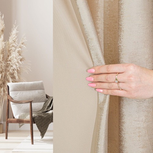 ELEONORA Zasłona gotowa na przelotkach, szerokość 140cm x wysokość 250cm, kolor jasny beżowy ze złotym nadrukiem