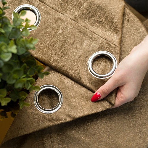 ELEONORA Zasłona gotowa na przelotkach, szerokość 140cm x wysokość 250cm, kolor brązowy ze złotym nadrukiem