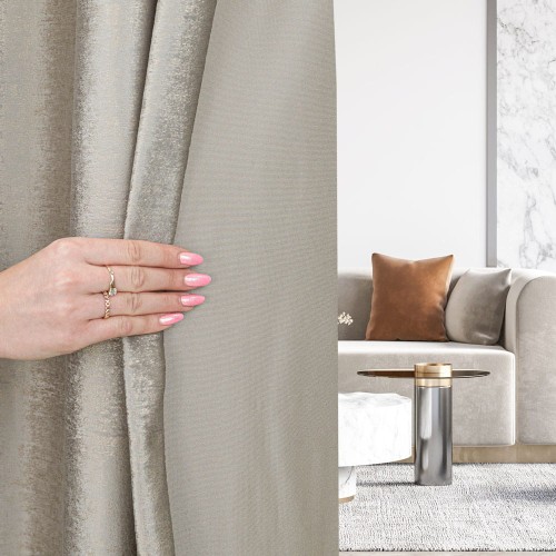 ELEONORA Zasłona gotowa na przelotkach, szerokość 140cm x wysokość 250cm, kolor szaro beżowy ze złotym nadrukiem