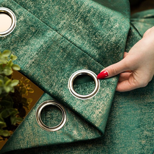 ELEONORA Zasłona gotowa na przelotkach, szerokość 140cm x wysokość 250cm, kolor ciemny zielony; butelkowy ze złotym nadrukiem