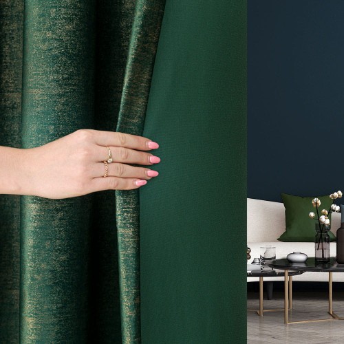 ELEONORA Zasłona gotowa na przelotkach, szerokość 140cm x wysokość 250cm, kolor ciemny zielony; butelkowy ze złotym nadrukiem