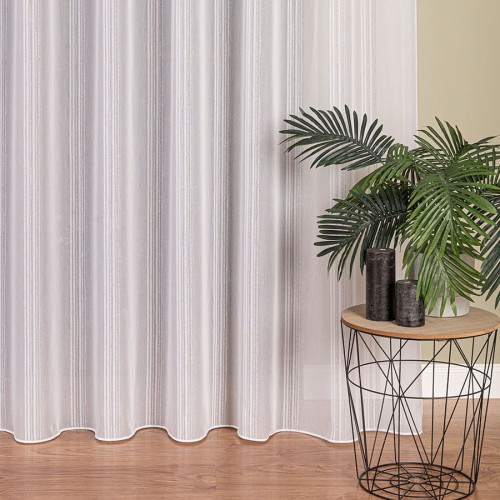 Firanka fantazyjna z ołowianką, wysokość 300cm, kolor biała z szarymi paskami