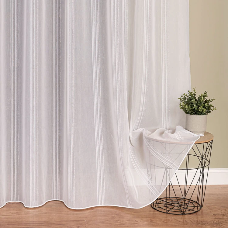 Firanka fantazyjna z ołowianką, wysokość 300cm, kolor biała z szarymi paskami