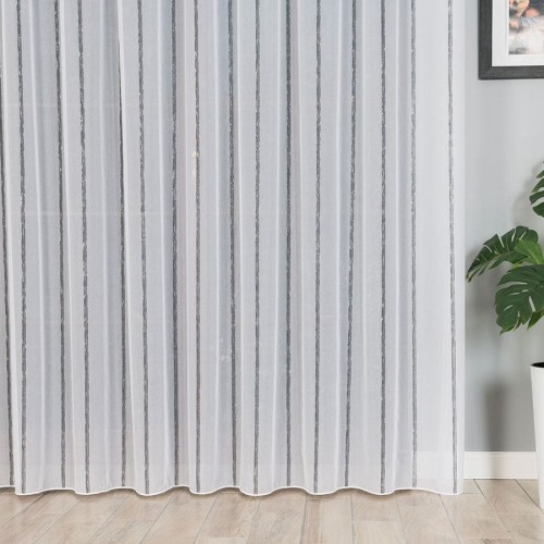 Firanka fantazyjna ze wzorem pasowym z ołowianką, wysokość 305cm, kolor biały z czarnym ze srebrną nitką