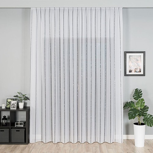 Firanka fantazyjna ze wzorem pasowym z ołowianką, wysokość 305cm, kolor biały z czarnym ze srebrną nitką