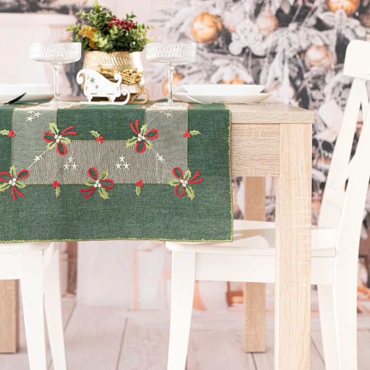 ŚWIĄTECZNE KOKARDKI Bieżnik z haftem, szerokość 40cm x wysokość 140cm, kolor 002 zielony 295161/KSP/002/040140/1