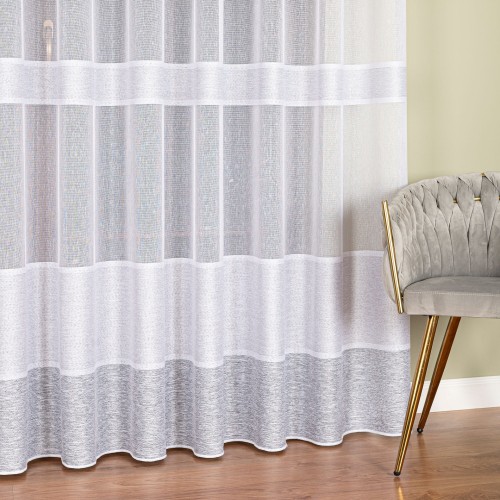 Firanka fantazyjna z ołowianką, wysokość 300cm, kolor biały z jasnoszarymi pasami