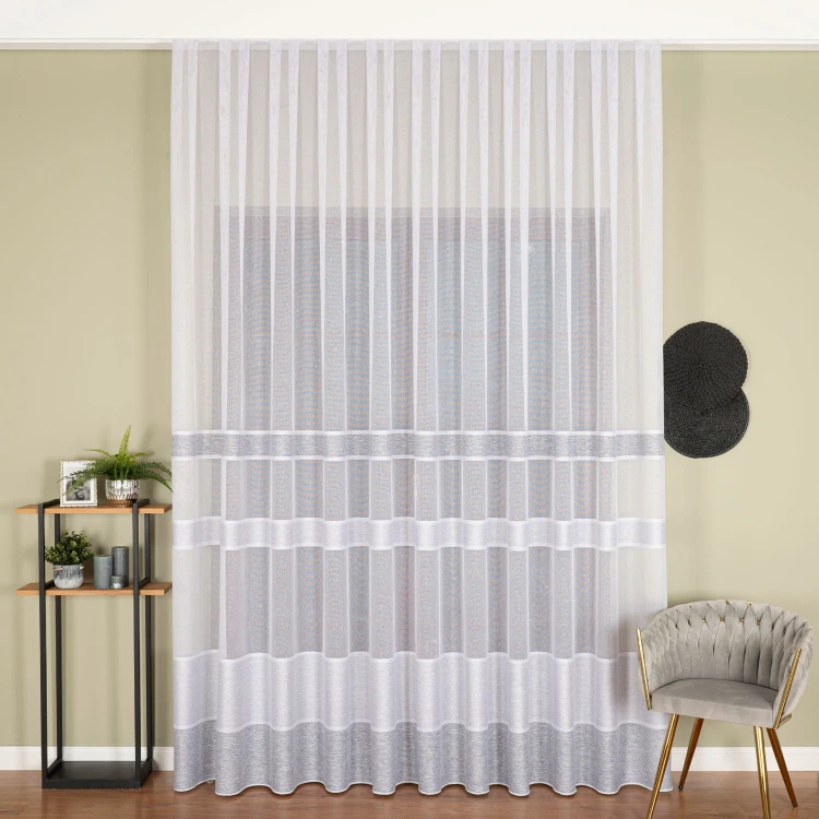 Firanka fantazyjna z ołowianką, wysokość 300cm, kolor biały z jasnoszarymi pasami