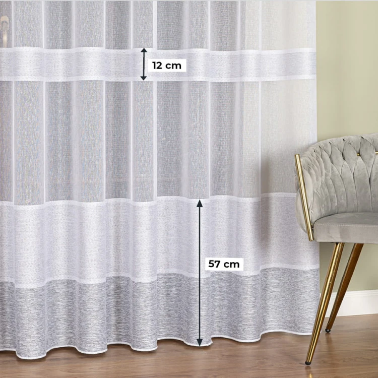 Firanka fantazyjna z ołowianką, wysokość 300cm, kolor biały z jasnoszarymi pasami