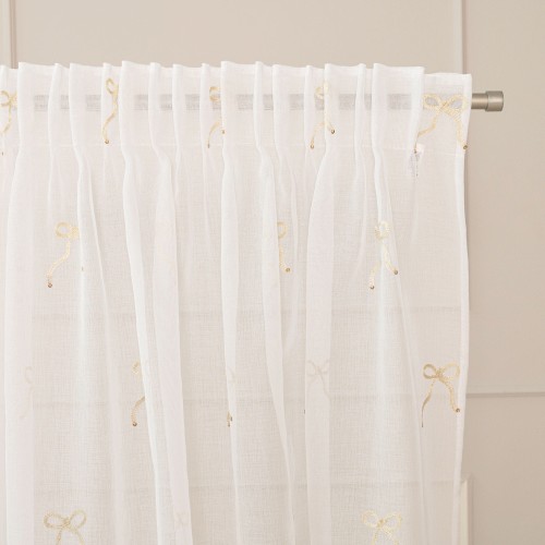 KOKARDKA Firana gotowa na etaminie, haftowana, na taśmie, z ołowianką, szerokość 140 x wysokość 250cm, kolorbiały ze złotym