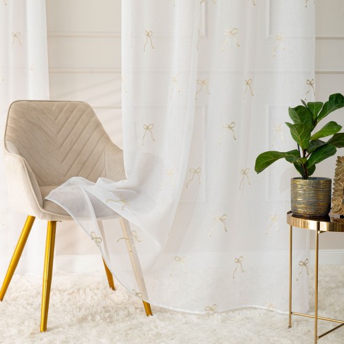 KOKARDKA Firana gotowa na etaminie, haftowana, na taśmie, z ołowianką, szerokość 140 x wysokość 250cm, kolorbiały ze złotym