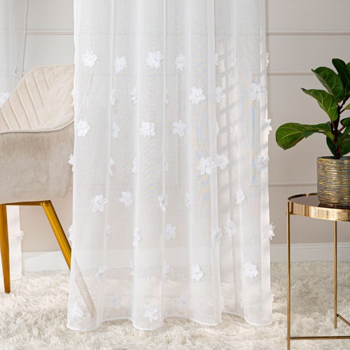 PERŁA Firanka gotowa, haftowana w kwiaty 3D z perłą, na taśmie, na etaminie, szerokość 140 x wysokość 250cm, kolor  biały