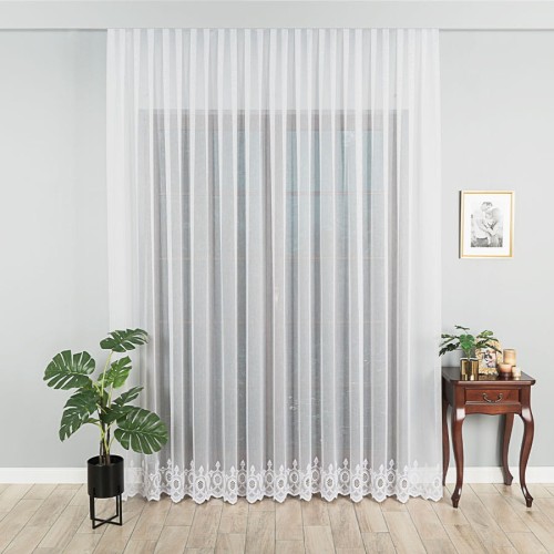 Firanka haftowana ze wzorem na samym dole, wysokość 280cm, kolor 001 biały 123946/768/001/000280/1