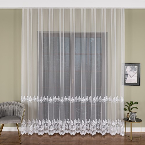 Firanka haftowana ze wzorem pasowym, wysokość 300cm, kolor biały