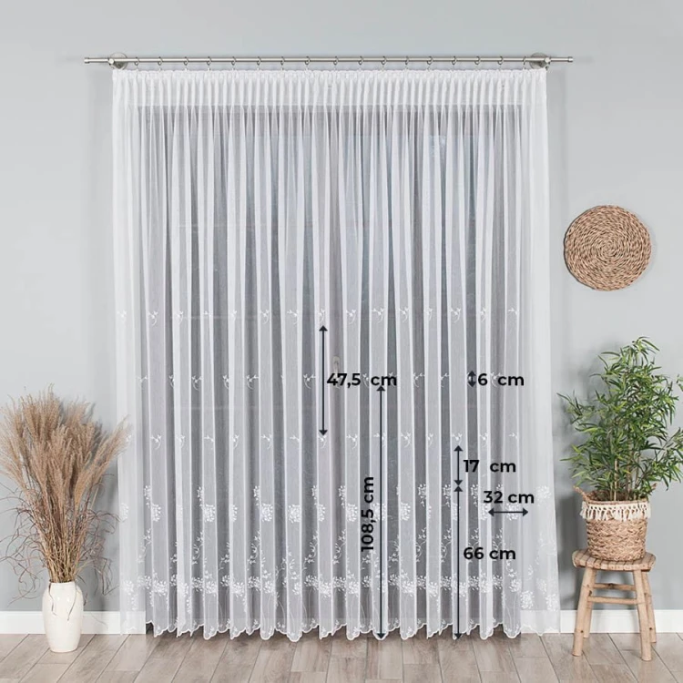 Firanka haftowana ze wzorem pasowym, wysokość 280cm, kolor 001 biały 053801/464/001/000280/1