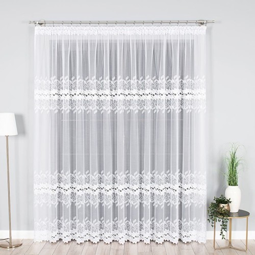 Firanka żakardowa ze wzorem pasowym, wysokość 250cm, kolor biały