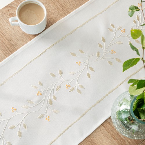 ZIELONA MELODIA Bieżnik z haftem, szerokość 38cm x wysokość 140cm, kolor biały