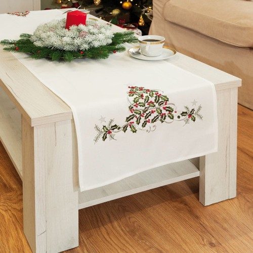 ZIELONY UROK Bieżnik z haftem, szerokość 40cm x wysokość 160cm, kolor biały