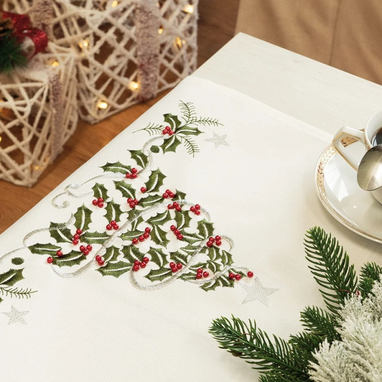 ZIELONY UROK Bieżnik z haftem, szerokość 40cm x wysokość 160cm, kolor biały