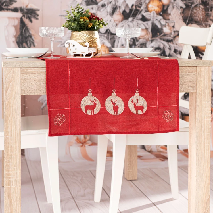 BŁYSZCZĄCY RENIFER Bieżnik z haftem, szerokość 35cm x wysokość 175cm, kolor czerwony