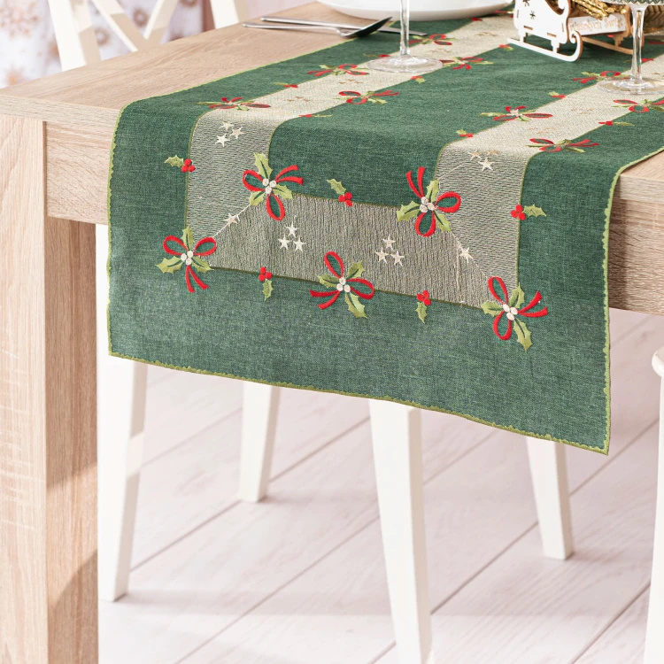 ŚWIĄTECZNE KOKARDKI Bieżnik z haftem, szerokość 50cm x wysokość 100cm, kolor zielony