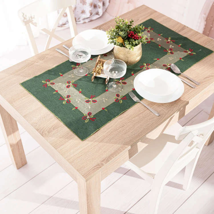 ŚWIĄTECZNE KOKARDKI Bieżnik z haftem, szerokość 50cm x wysokość 100cm, kolor zielony