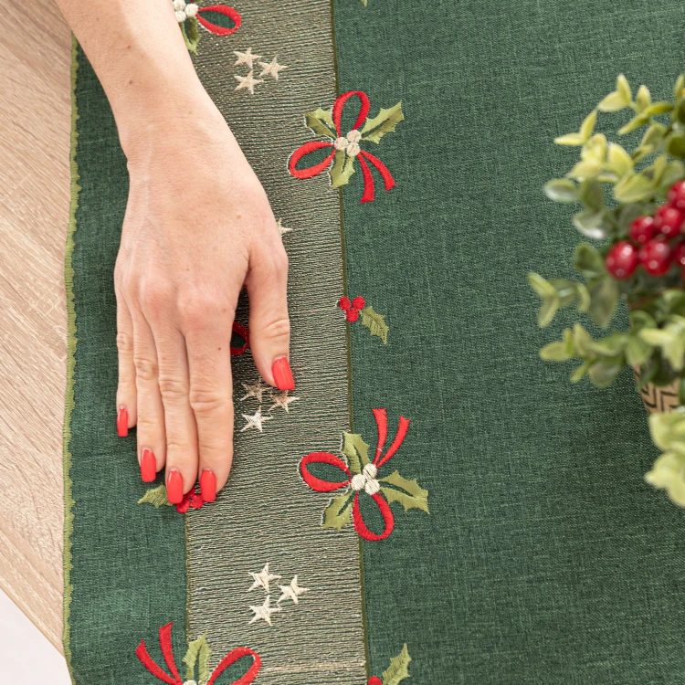 ŚWIĄTECZNE KOKARDKI Bieżnik z haftem, szerokość 50cm x wysokość 100cm, kolor zielony