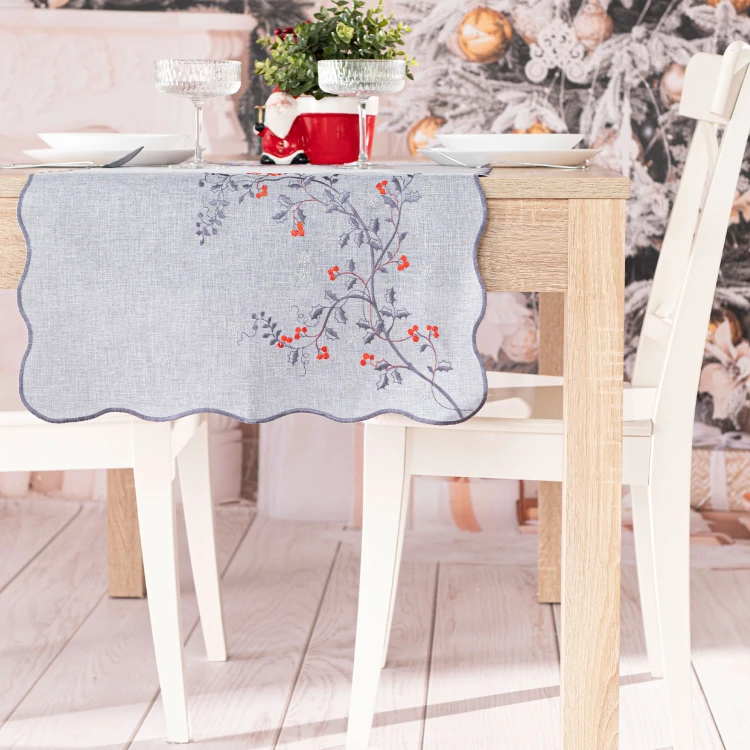 JARZĘBINOWY BLASK Bieżnik z haftem, szerokość 40cm x wysokość 140cm, kolor szary