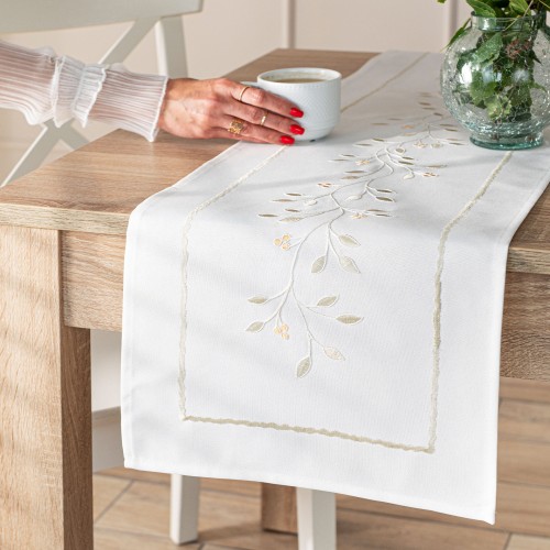 ZIELONA MELODIA Bieżnik z haftem, szerokość 38cm x wysokość 160cm, kolor biały