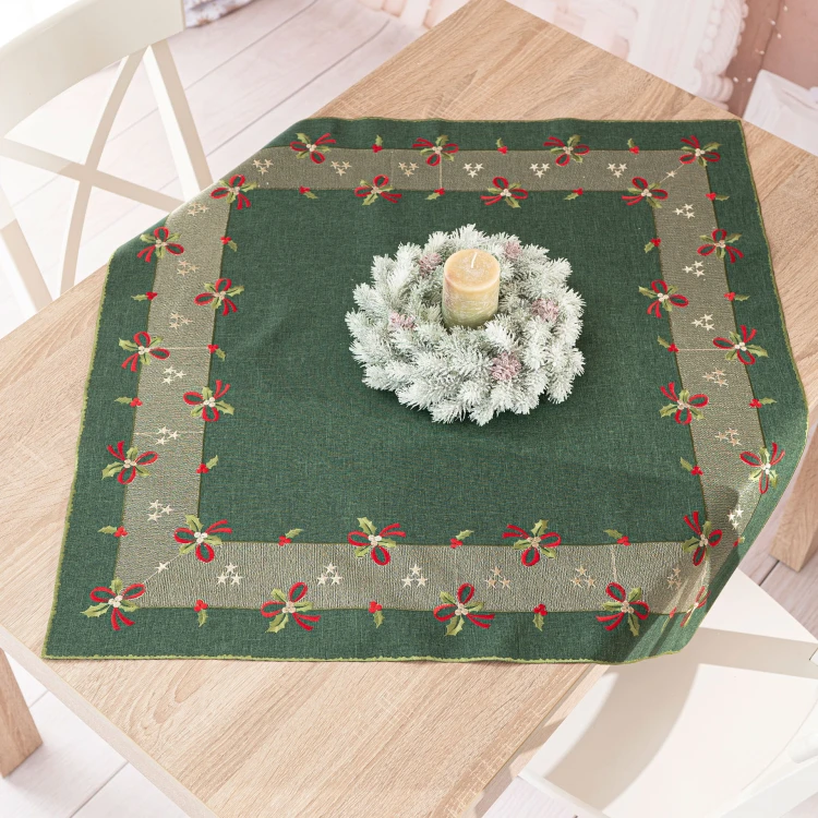 ŚWIĄTECZNE KOKARDKI Serweta z haftem, szerokość 85cm x wysokość 85cm, kolor zielony