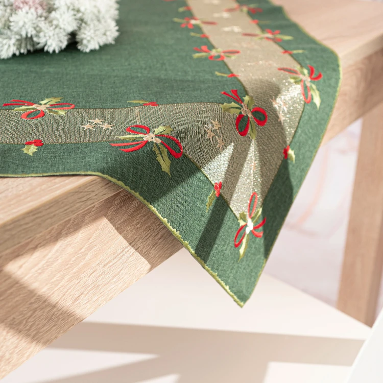 ŚWIĄTECZNE KOKARDKI Serweta z haftem, szerokość 85cm x wysokość 85cm, kolor zielony