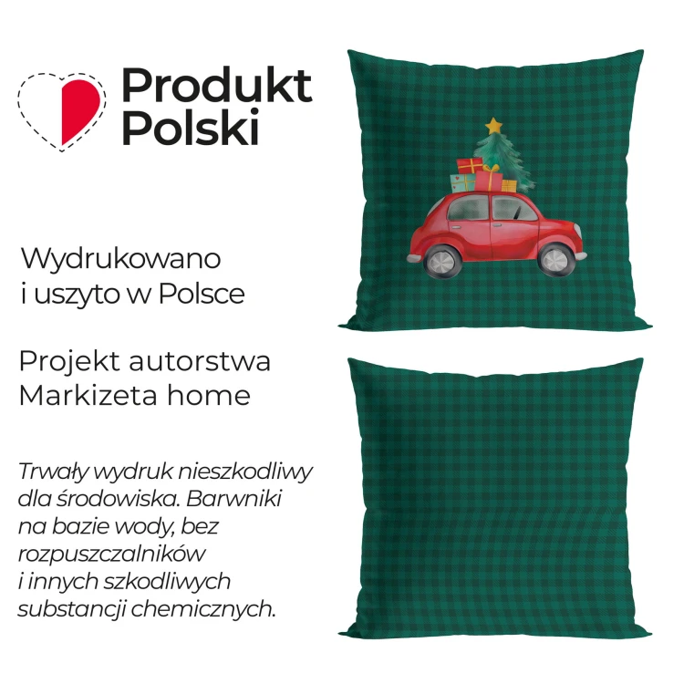 KRATA Z SAMOCHODEM, BAJKOWE ŚWIĘTA Poszewka dekoracyjna VELVET, 40x40cm, kolor zielony