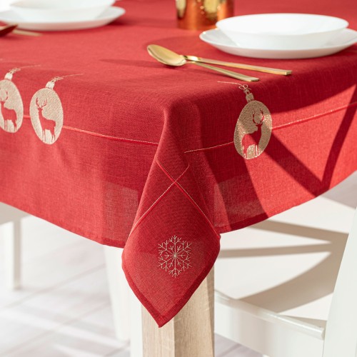 BŁYSZCZĄCY RENIFER Obrus z haftem, szerokość 140cm x wysokość 220cm, kolor czerwony
