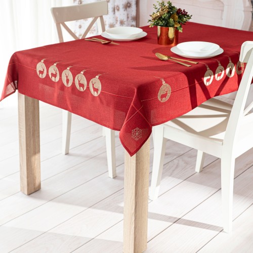 BŁYSZCZĄCY RENIFER Obrus z haftem, szerokość 140cm x wysokość 220cm, kolor czerwony