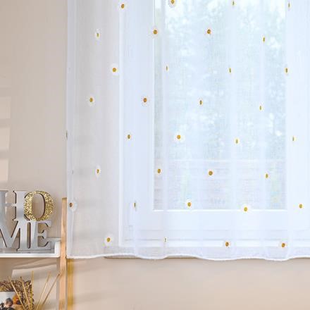 Firana gotowa etamina w stokrotki 300x160 na przelotkach do sypialni biała